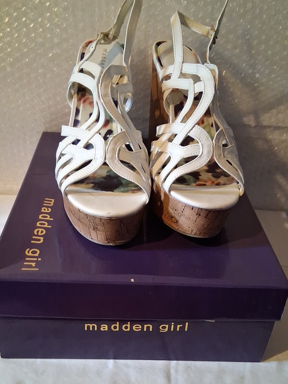 Madden Girl White Floral Insole Cork Wedge Sandals Size 12